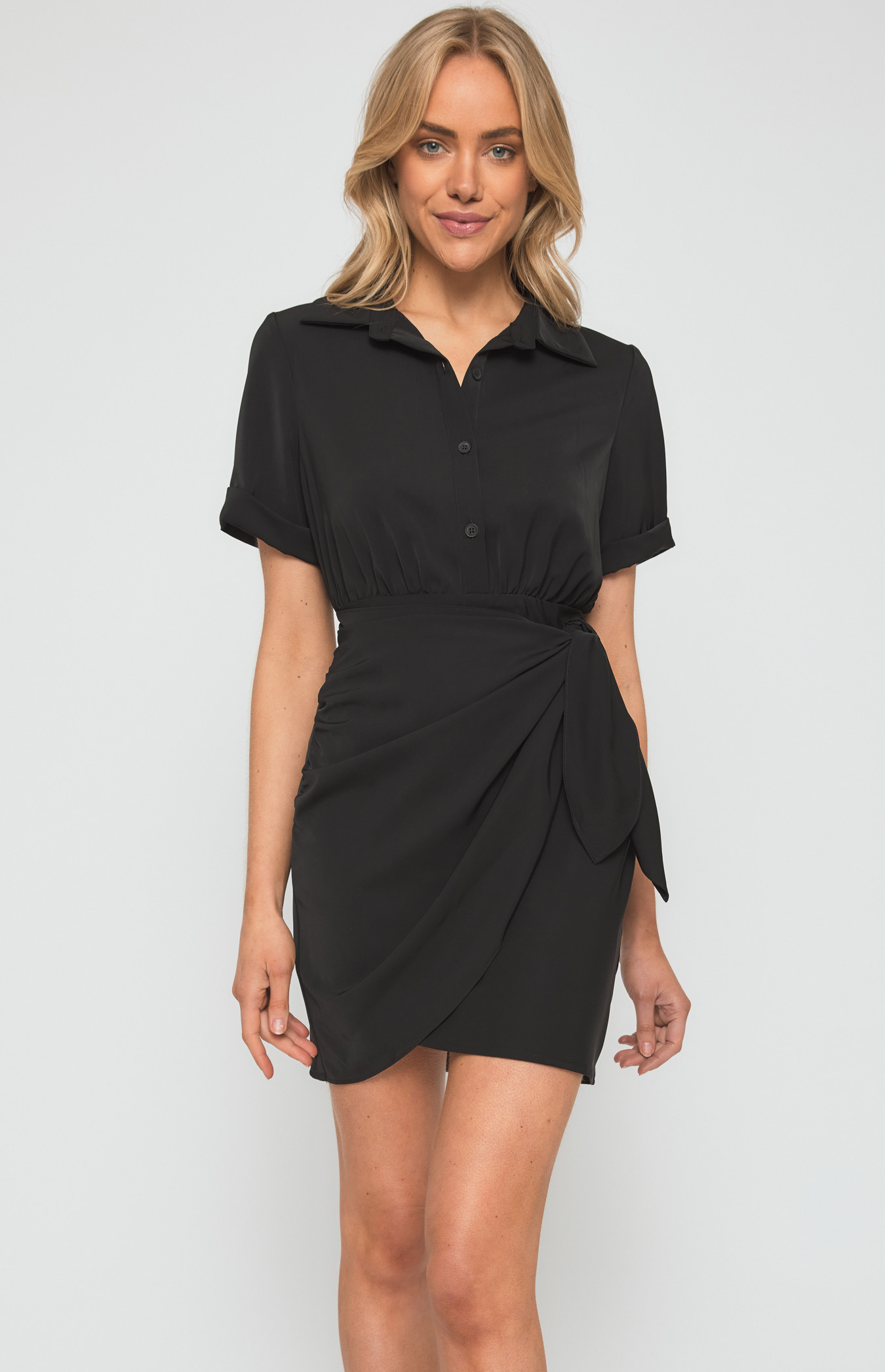 Short Sleeve Shirt Dress with Tie Skirt Panel (SDR1264B)