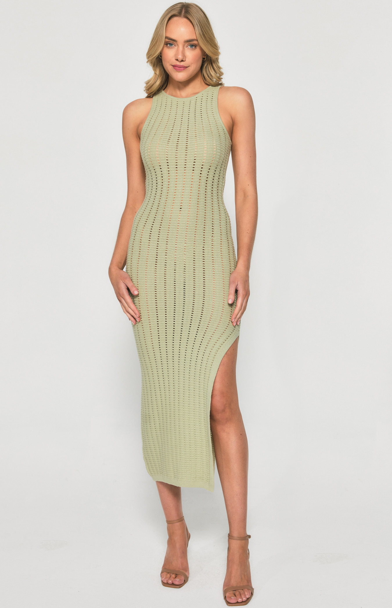 Crochet Knit Midi Dress with Side Split Details (SKN673)